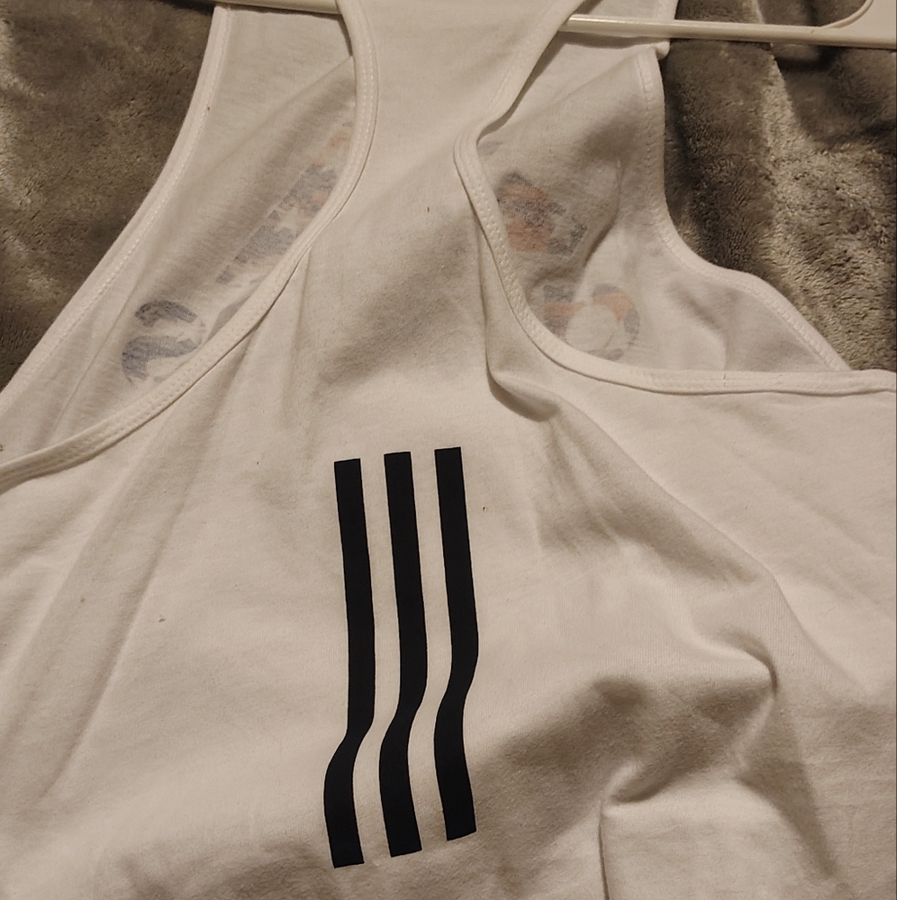 White Tank Top with Black Stripes on back and Adidas on the front sz S